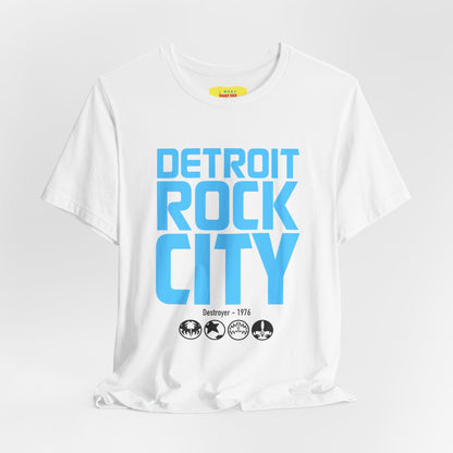 DETROIT ROCK CITY (Light Blue text color, Unisex Softstyle T-Shirt)