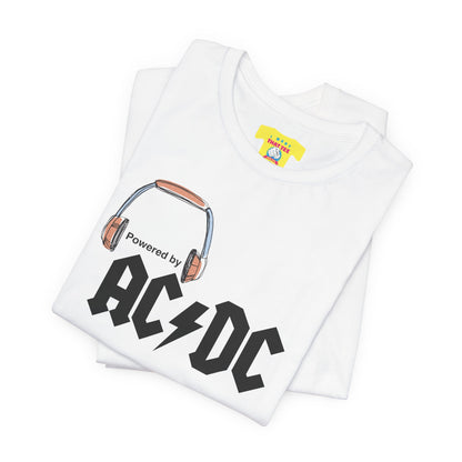 POWERED BY AC/DC (Black text, Unisex Softstyle T-Shirt)