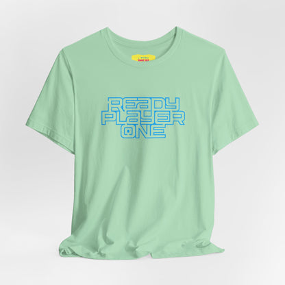 READY PLAYER ONE - STEVEN SPIELBERG'S MOVIE (Cyan text, Unisex Softstyle T-Shirt)