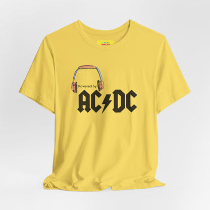 POWERED BY AC/DC (Black text, Unisex Softstyle T-Shirt)