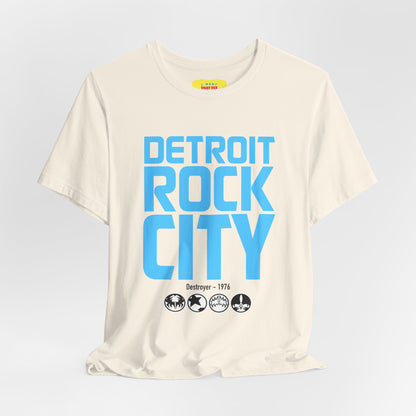 DETROIT ROCK CITY (Light Blue text color, Unisex Softstyle T-Shirt)