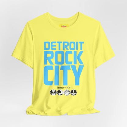 DETROIT ROCK CITY (Light Blue text color, Unisex Softstyle T-Shirt)
